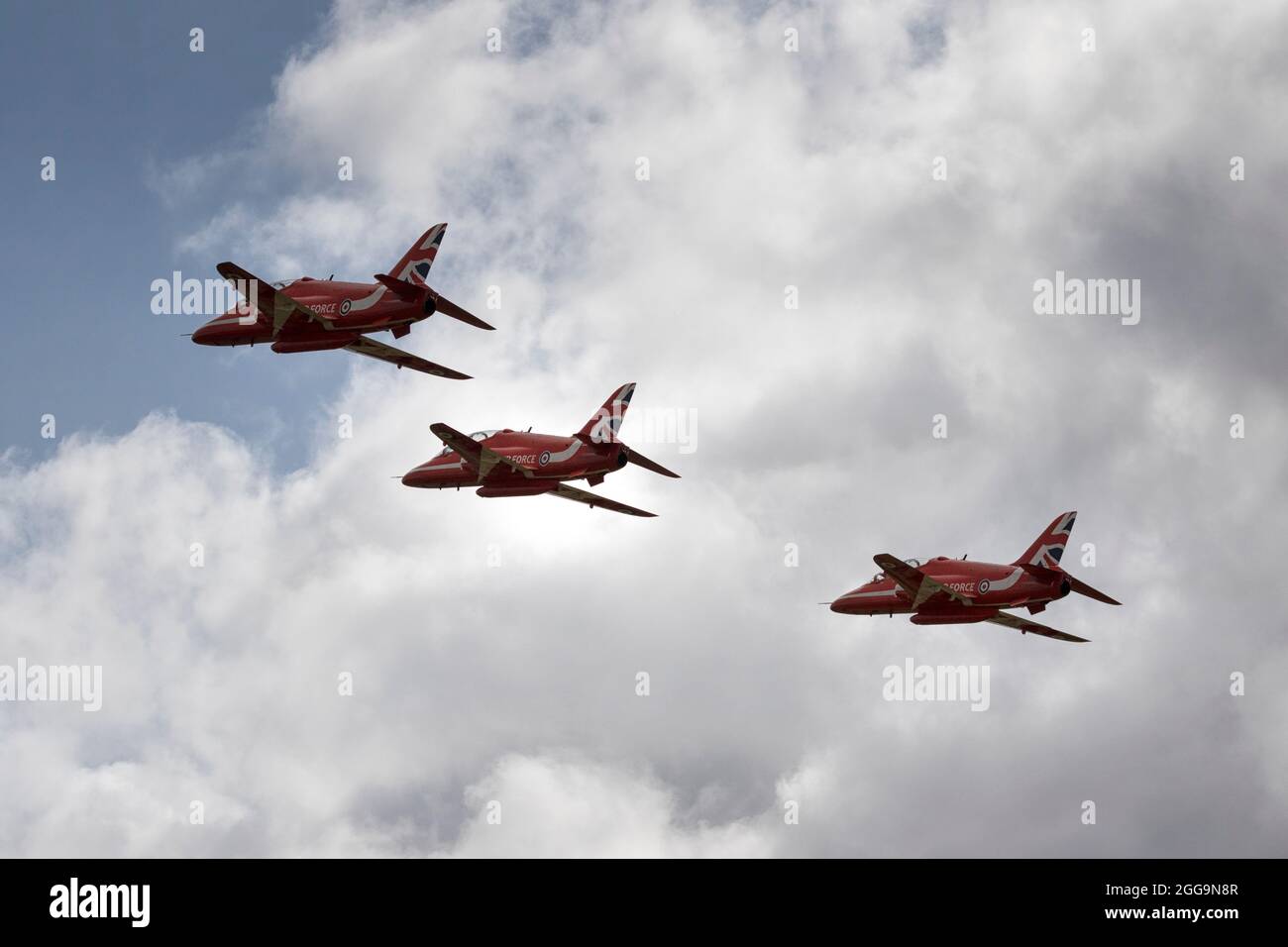Red Arrows Flypast over the City of Norwich, Norfolk, East Anglia, UK Stock Photo