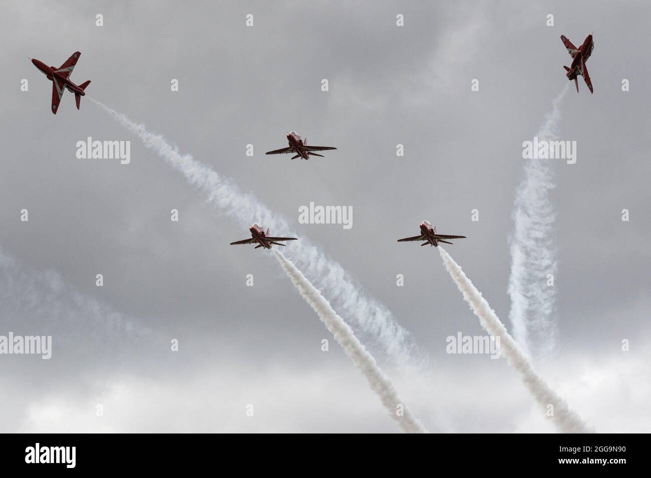 Red Arrows Flypast over the City of Norwich, Norfolk, East Anglia, UK Stock Photo