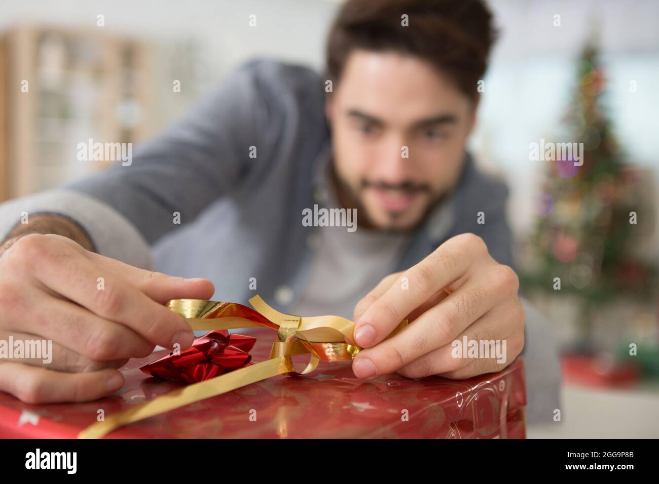 Christmas Ribbon Man Tie ribbon around a tree hi-res stock photography and images - Alamy
