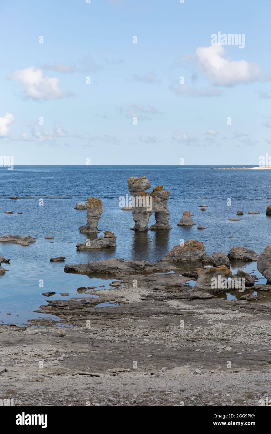 Seastacks at the nature reserve Gamla Hamn on the island of Fårö, Gotland, Sweden Stock Photo