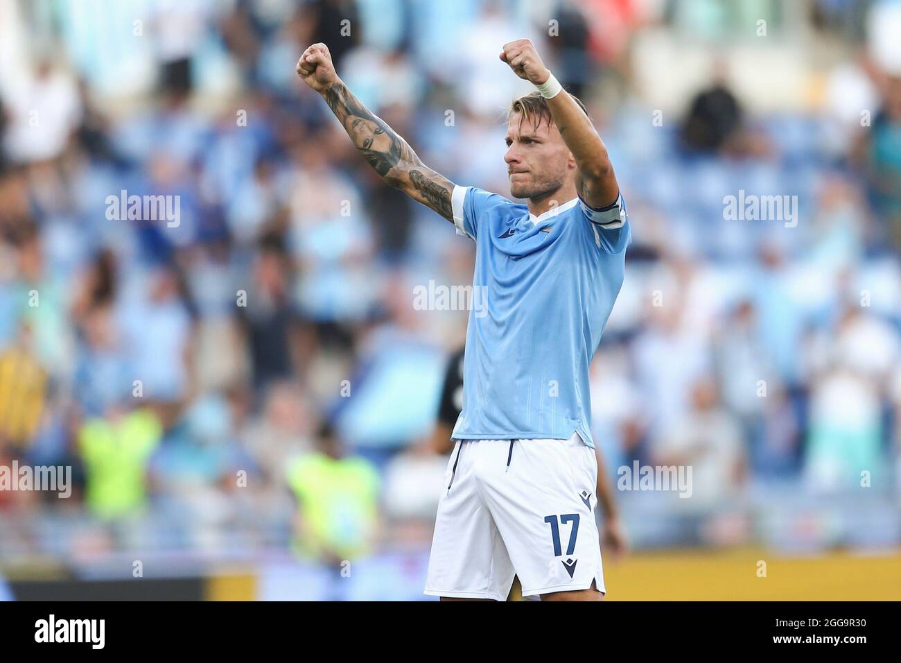 Ciro Immobile celebrates after scoring a goal during Serie A football match between SS Lazio and  Spezia at the Olimpico Stadium, Roma, Italy, on 28 August 2021 Stock Photo