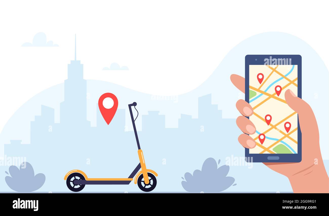 Electric scooter, smartphone with route and red pins on city map, urban