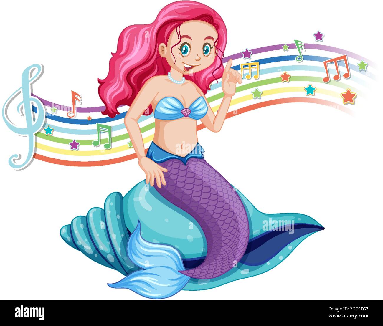 Beautiful mermaid with melody symbols on rainbow illustration Stock ...