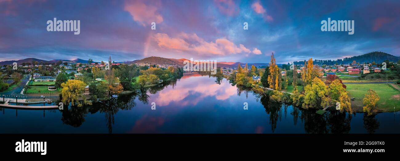 Panoramic shot of New Norfolk town in Tasmania, Australia during sunrise Stock Photo