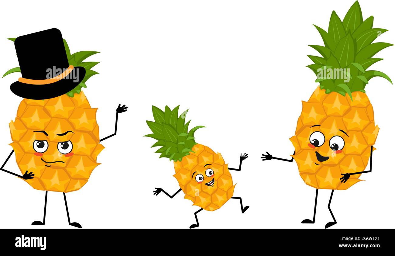 Family of cute pineapple characters with joyful emotions, smile face