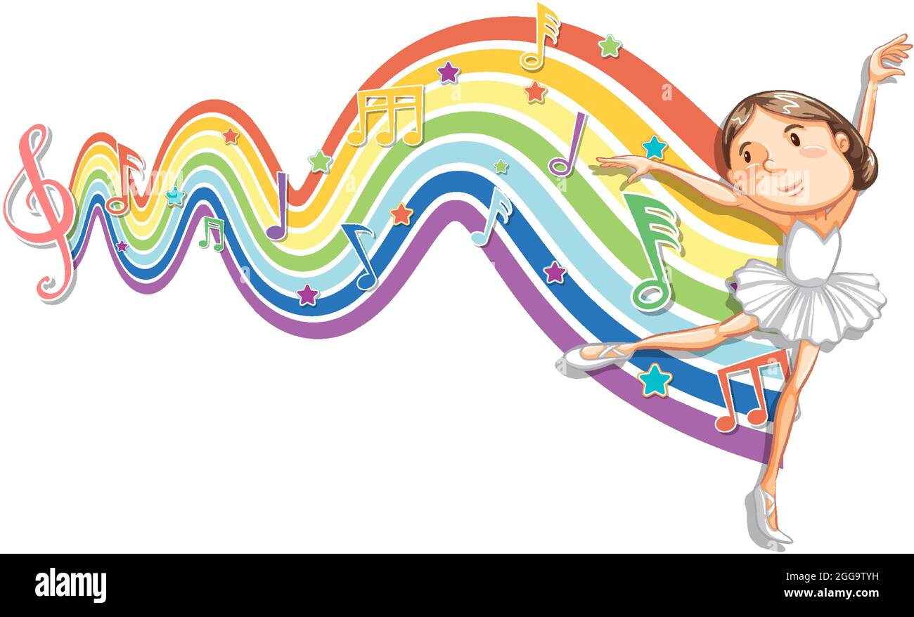Ballerina with melody symbols on rainbow wave illustration Stock Vector ...