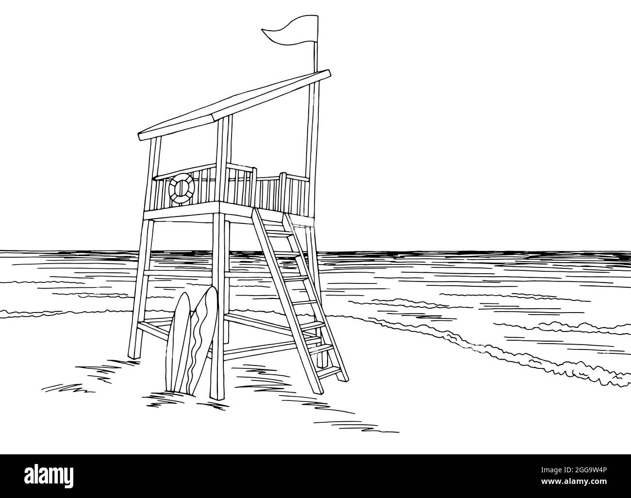 Lifeguard tower rescue station sea coast graphic beach black white landscape sketch illustration vector Stock Vector
