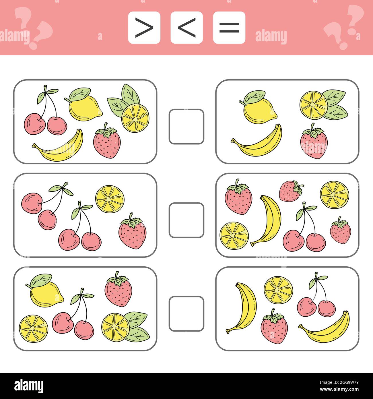 Less than, greater than, equal. Count as many fruits in the picture ...