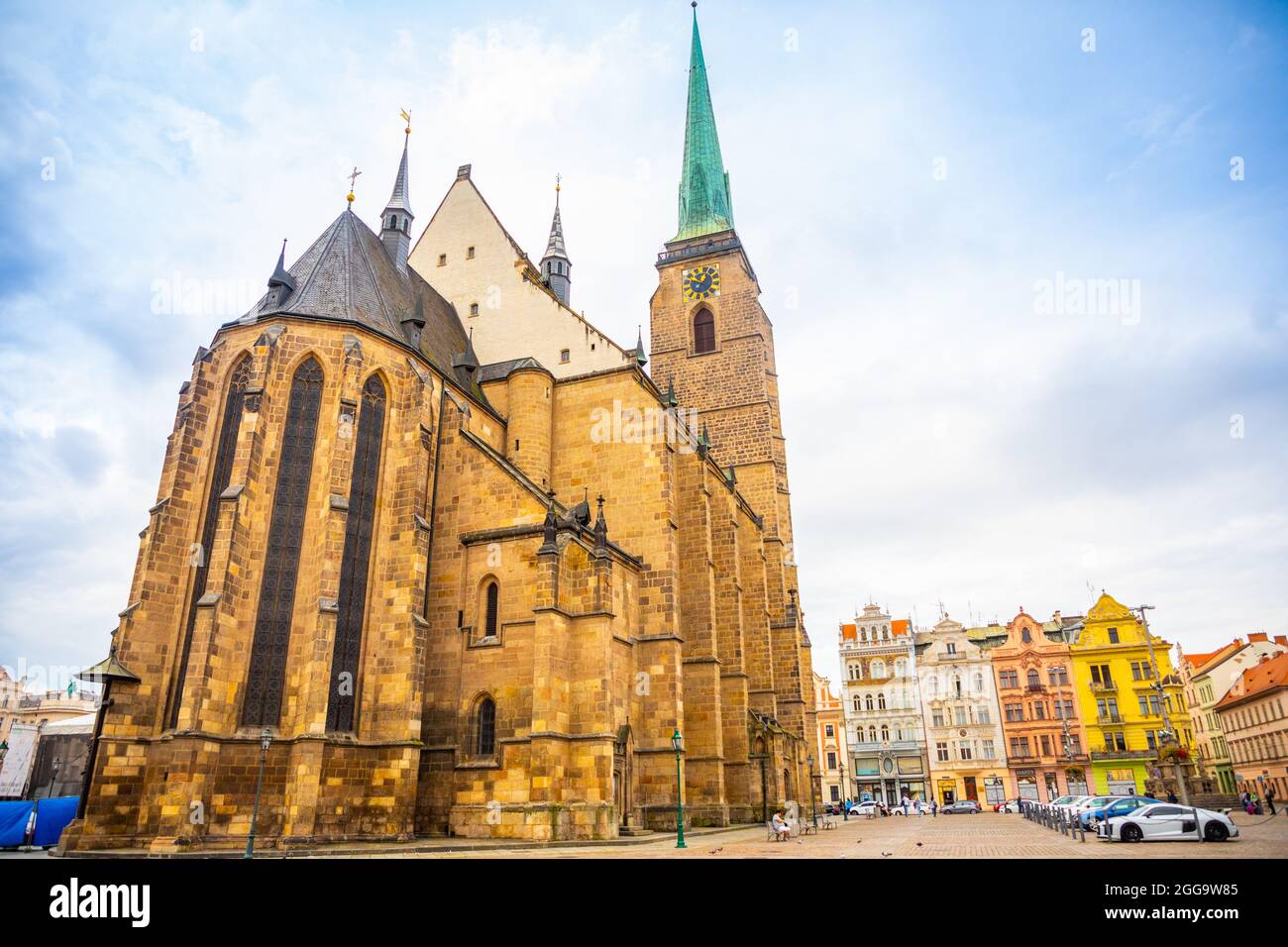 Plzen, Czech republic - 22.08.2021: Bartholomew cathedral on main square in Plzen, Czech republic  Stock Photo