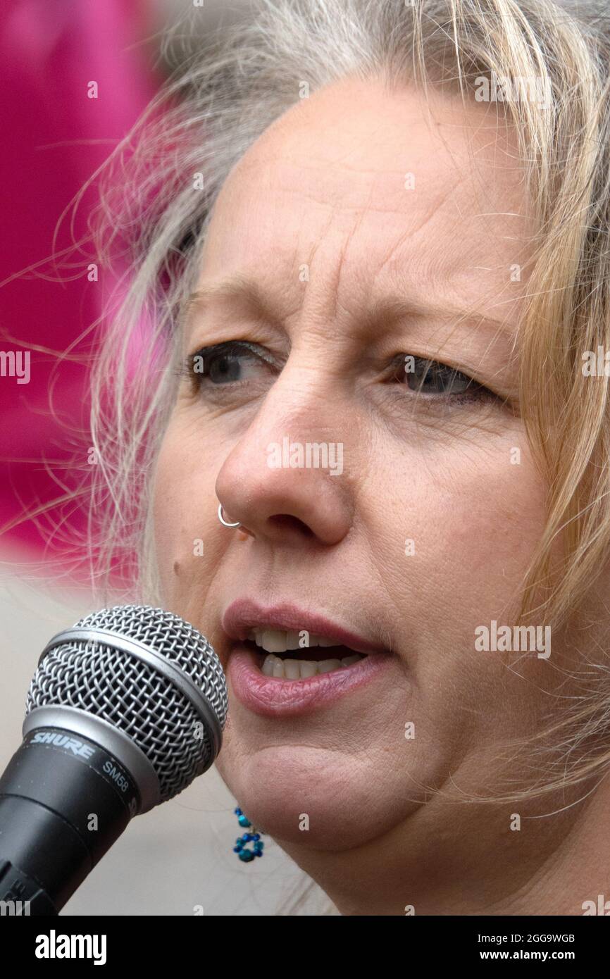 Gail Bradbrook - environmental activist and a co-founder of Extinction Rebellion - speaking at an XR demostration at the Bank of England, 27th August Stock Photo