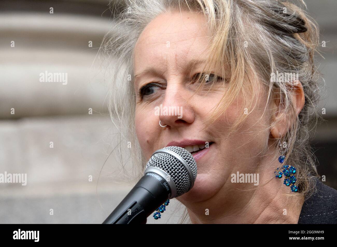Gail Bradbrook - environmental activist and a co-founder of Extinction Rebellion - speaking at an XR demostration at the Bank of England, 27th August Stock Photo