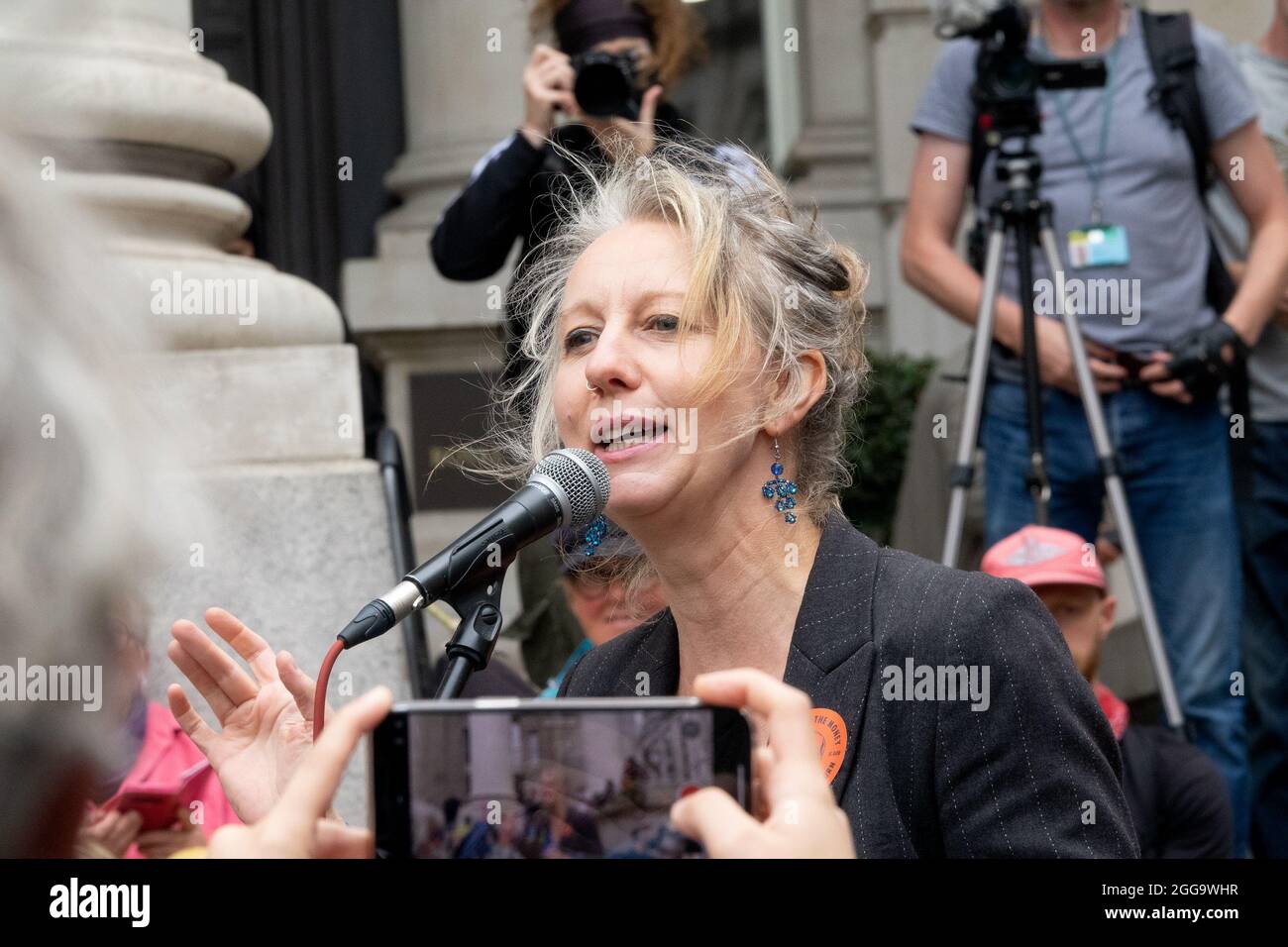 Gail Bradbrook - environmental activist and a co-founder of Extinction Rebellion - speaking at an XR demostration at the Bank of England, 27th August Stock Photo