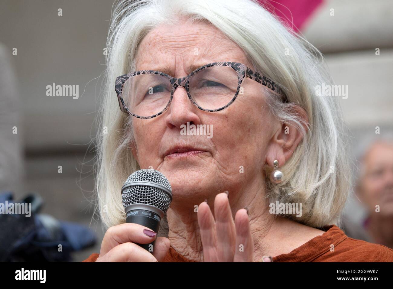Ann Pettifor - economist and author - speaking at an Extinction Rebellion demostration at the Bank of England, 27th August 2021 Stock Photo