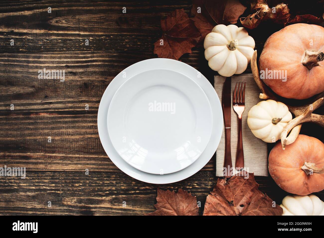 Holiday place setting with plate, napkin, and silverware on a Thanksgiving Day decorated table shot from flat lay or top view position. Stock Photo