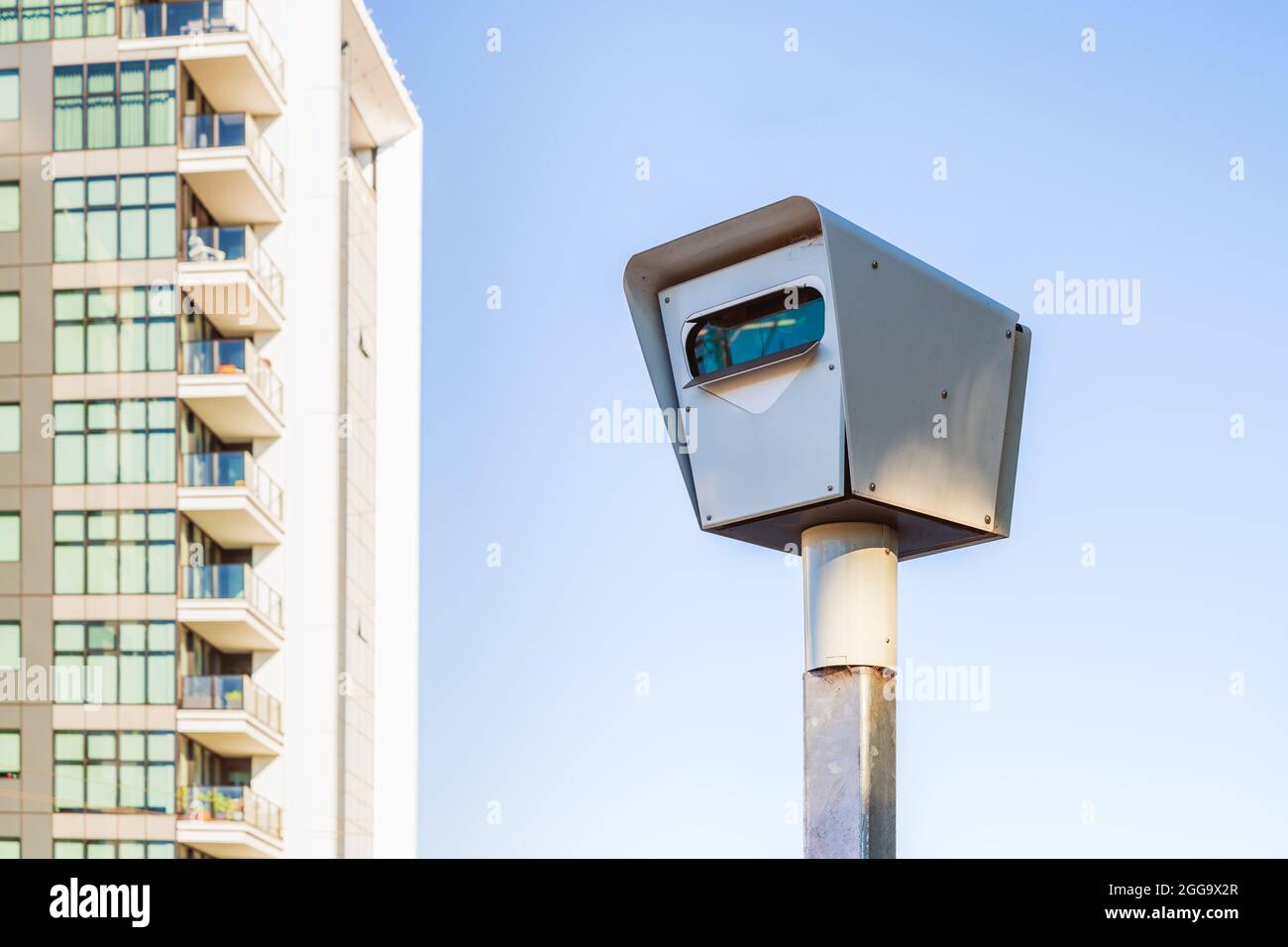 Modern stationary red light and speed camera in Adelaide city on a day Stock Photo
