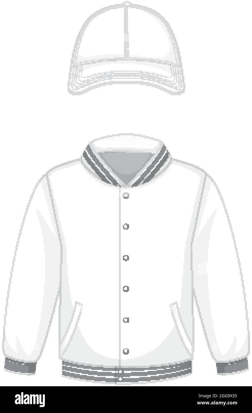 Front of basic white bomber jacket and cap isolated illustration Stock Vector