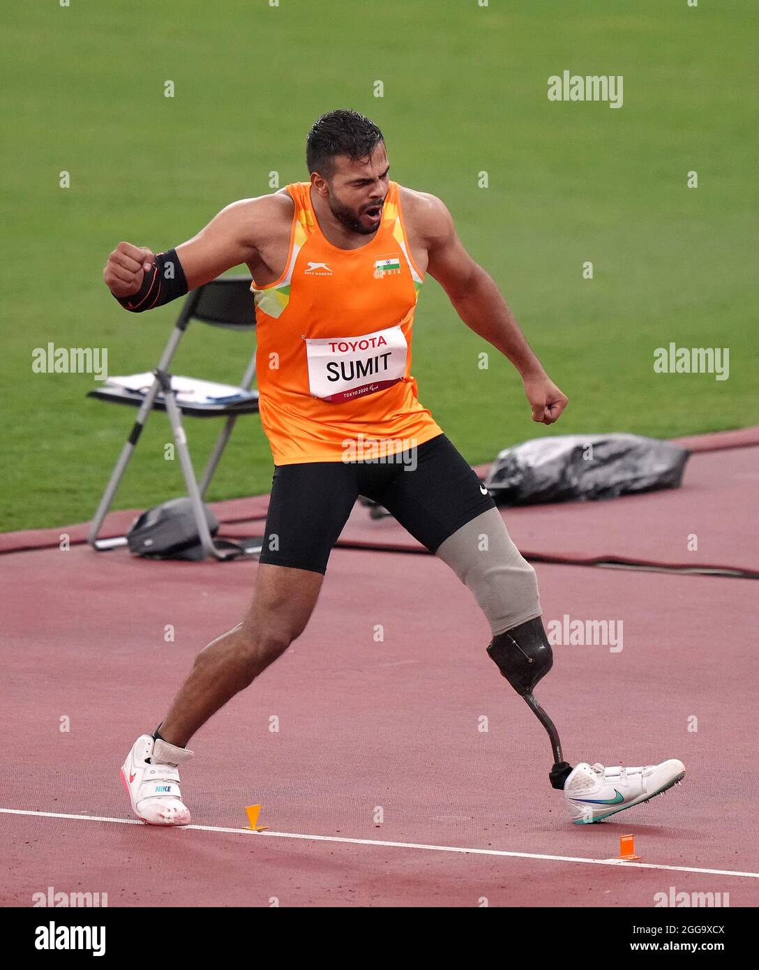 India’s Sumit Sumit celebrates winning Gold in the Men's Javelin Throw F64 Final during the