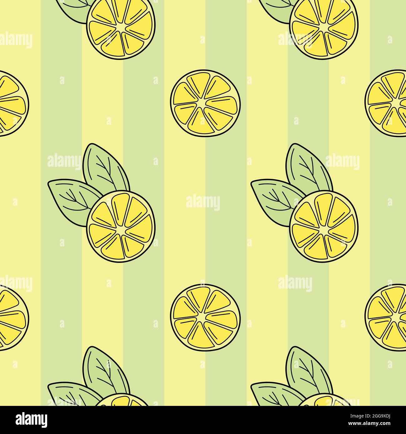 Hand-drawn lemons on a striped seamless background. Cartoon bright ...