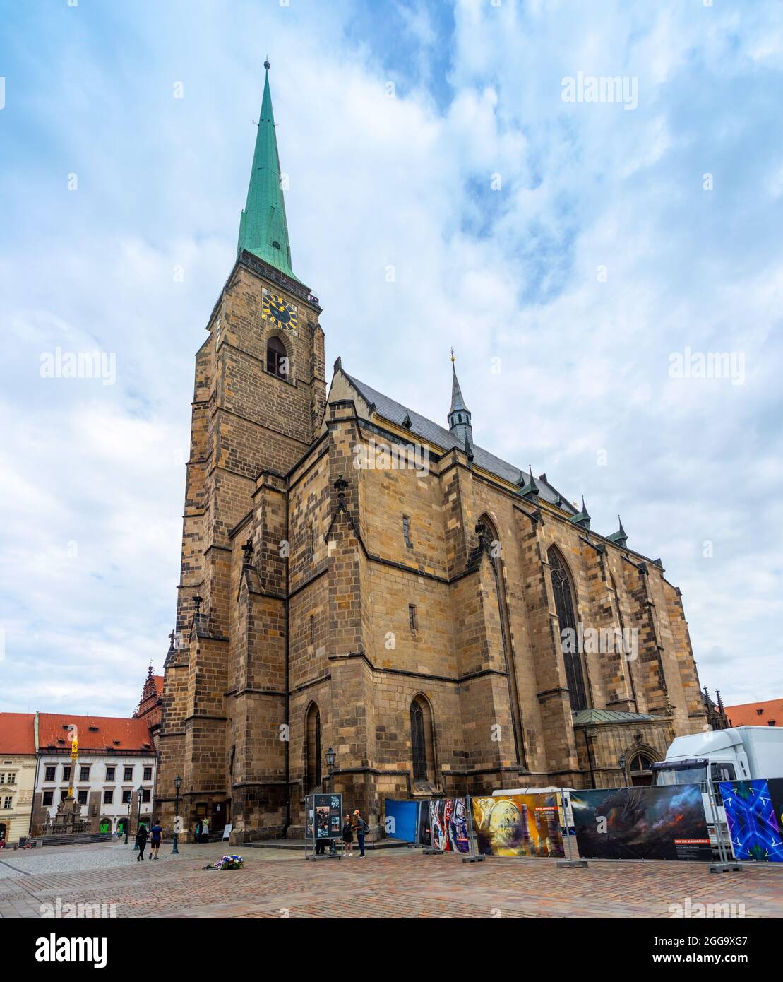Plzen, Czech republic - 22.08.2021: Bartholomew cathedral on main square in Plzen, Czech republic  Stock Photo
