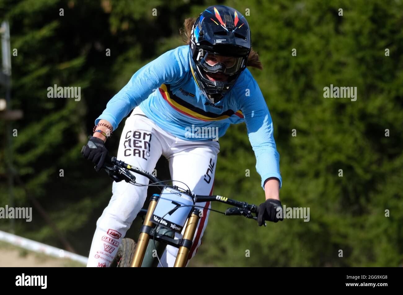 Commezzadura, Italy. 29th Aug, 2021. (7) - Siel Van Der Velden (Belgium)  during UCI MTB World Championship - Downhill - Men and women's U23 race,  MTB - Mountain Bike in Commezzadura, Italy,