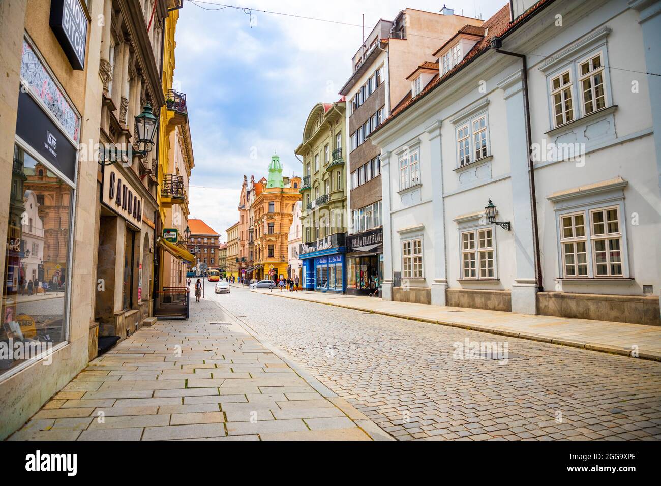 Plzen, Czech republic - 22.08.2021: Street in old town of Plzen in Czech republic  Stock Photo