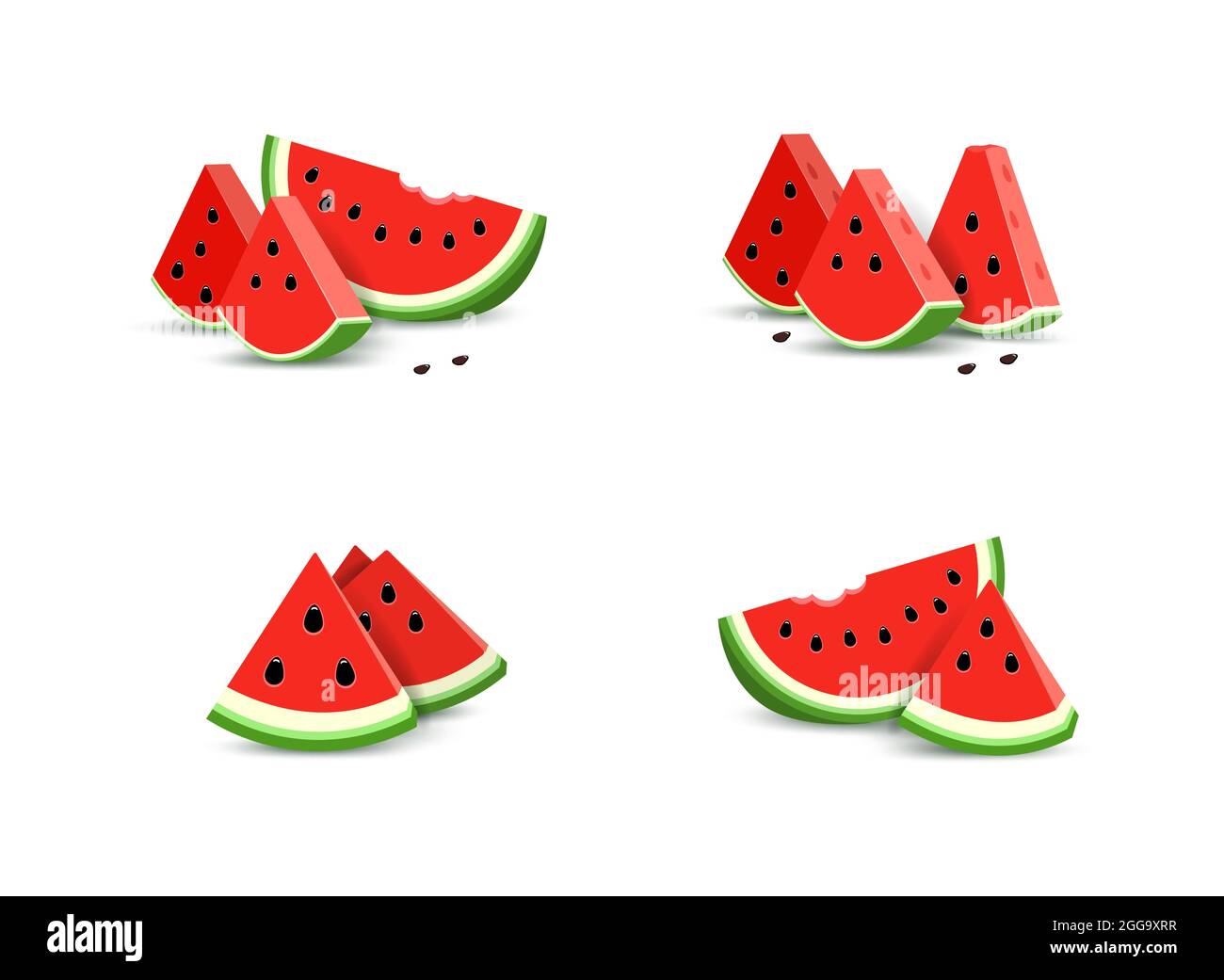 Set Realistic illustration of triangular watermelon slices. Half a ...