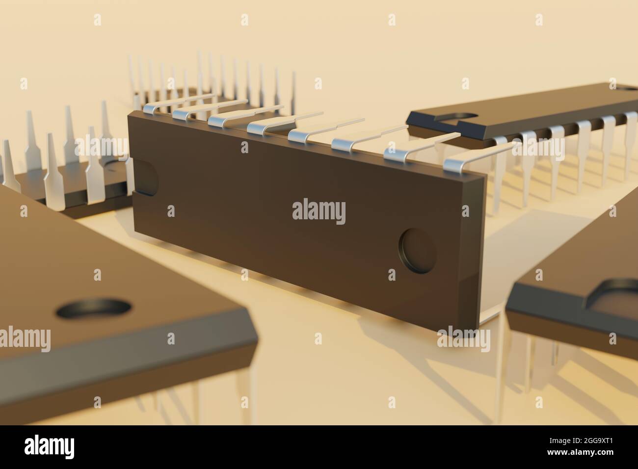 Integrated circuits chips or IC on flat surface. 3D rendering illustration. Stock Photo