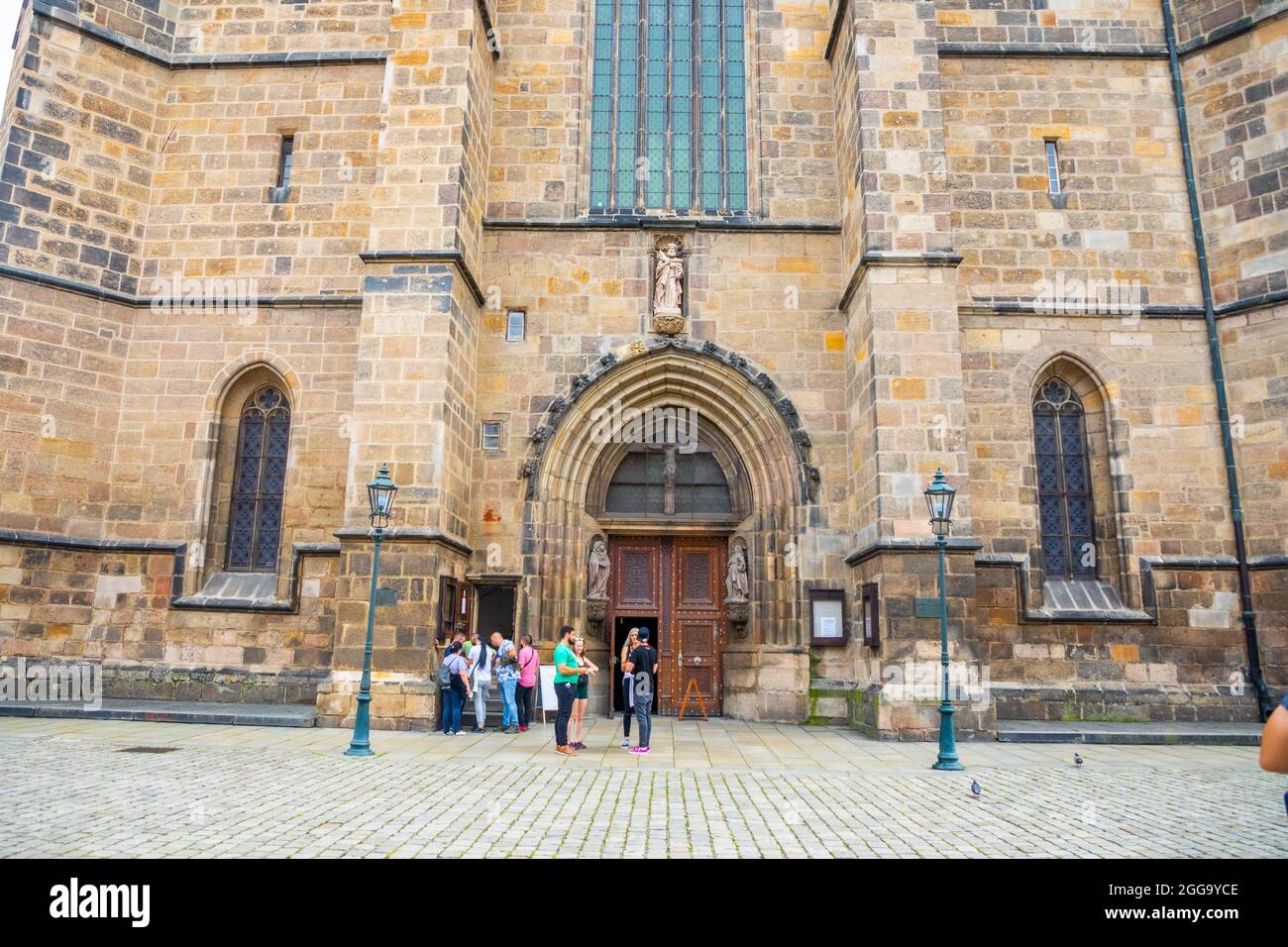 Plzen, Czech republic - 22.08.2021: Bartholomew cathedral on main square in Plzen, Czech republic  Stock Photo