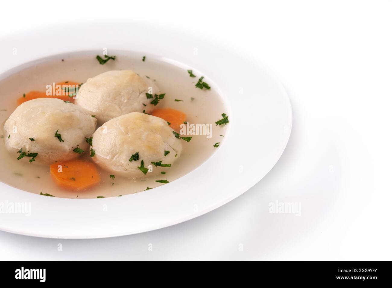 Traditional Jewish matzah ball soup isolated on white background Stock Photo