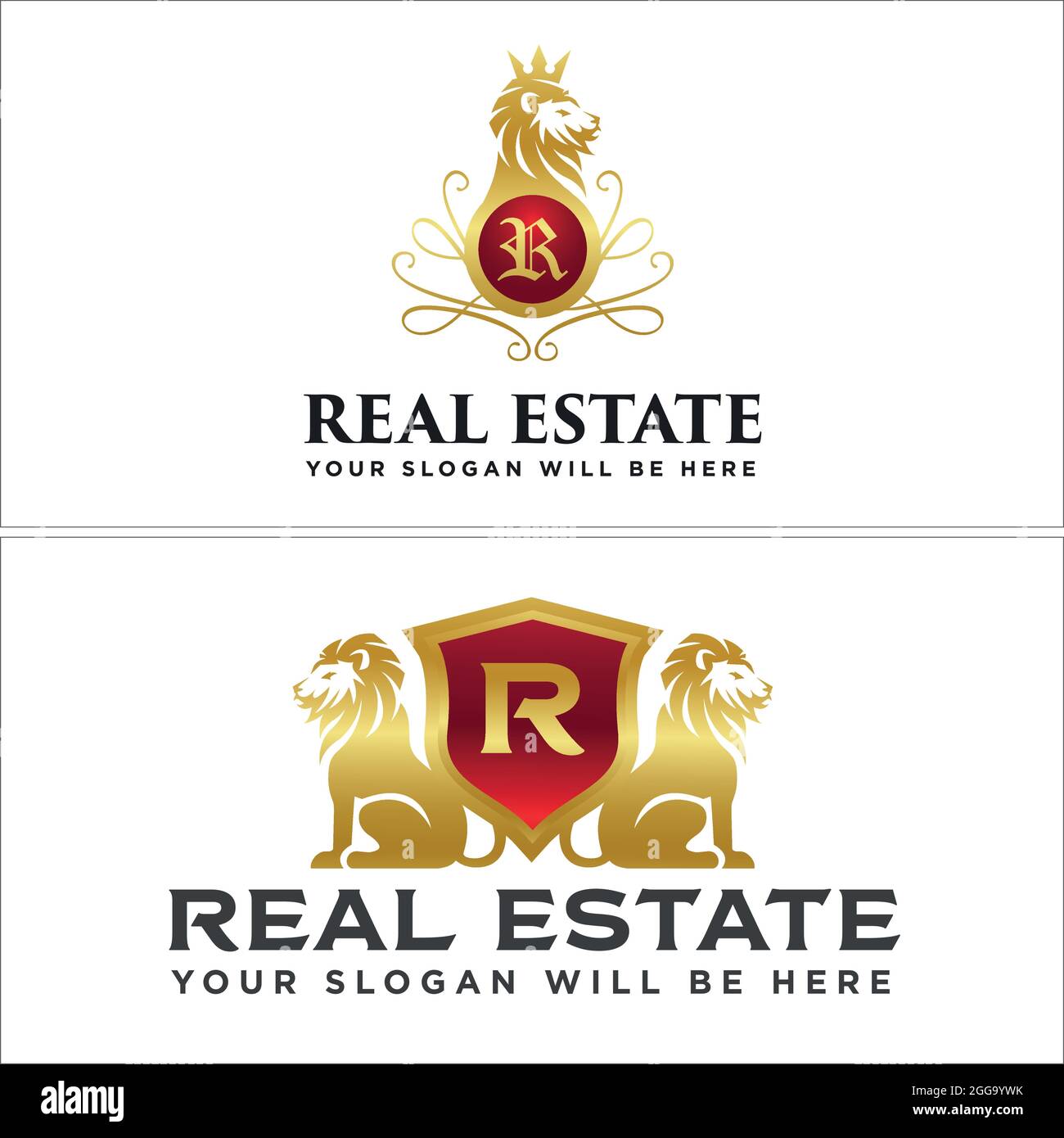Gold luxury shield lion logo design real estate Stock Vector Image