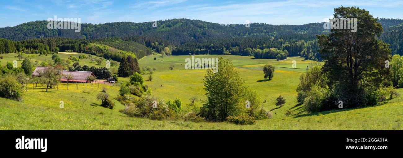 Idyllic rural hilly landscape with farm, meadows and forests Stock Photo