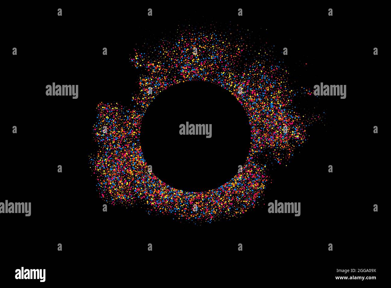 Colorful Frame Explosion Of Confetti. Grainy Abstract Multicolored Texture Isolated On Black Background. Space For Text. Vector Illustration, Eps 10. Stock Vector