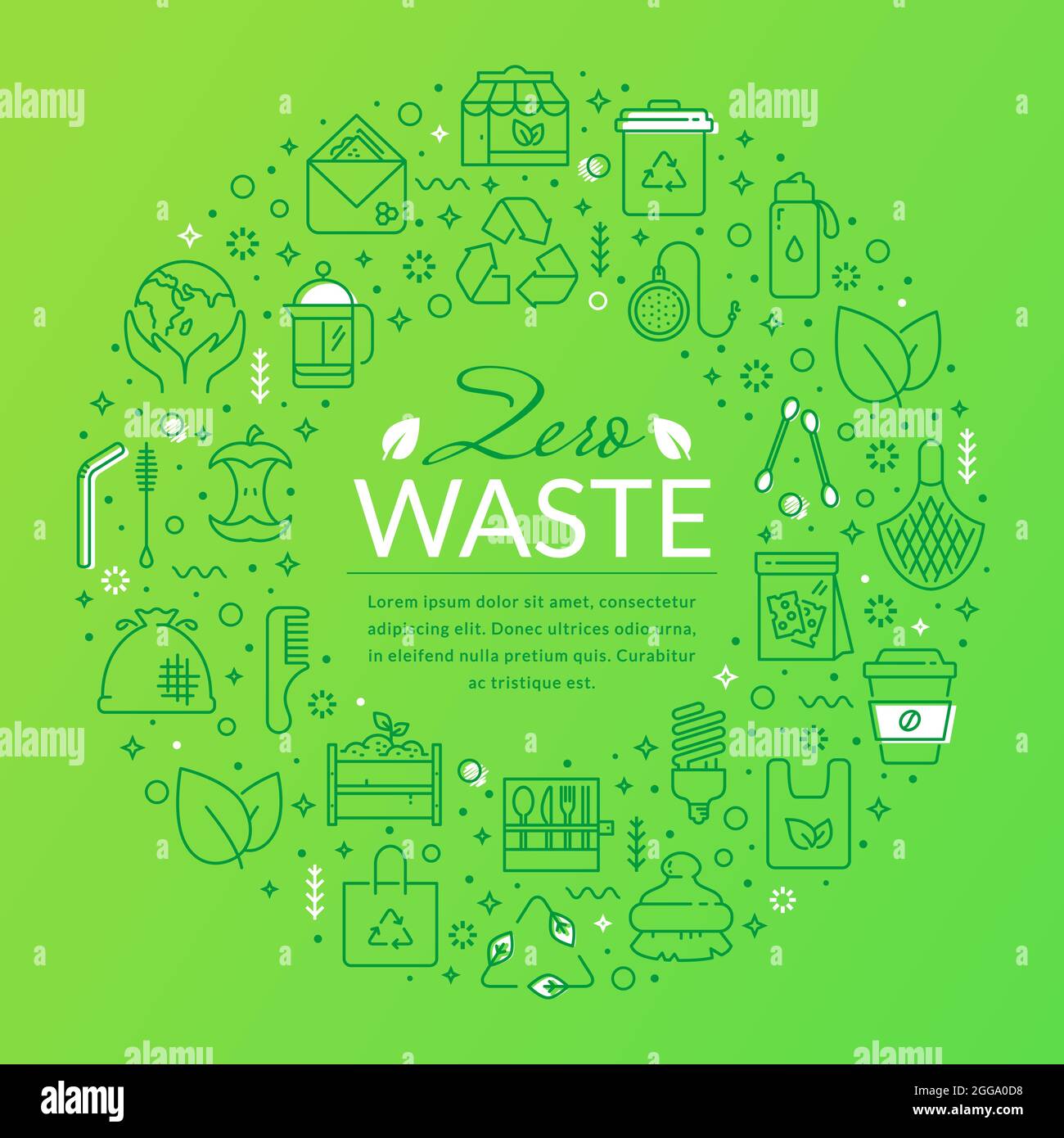 Zero waste banner with line icons and place for text. Template for recycling, reusable items, save the Planet and eco lifestyle concepts. Stock Vector
