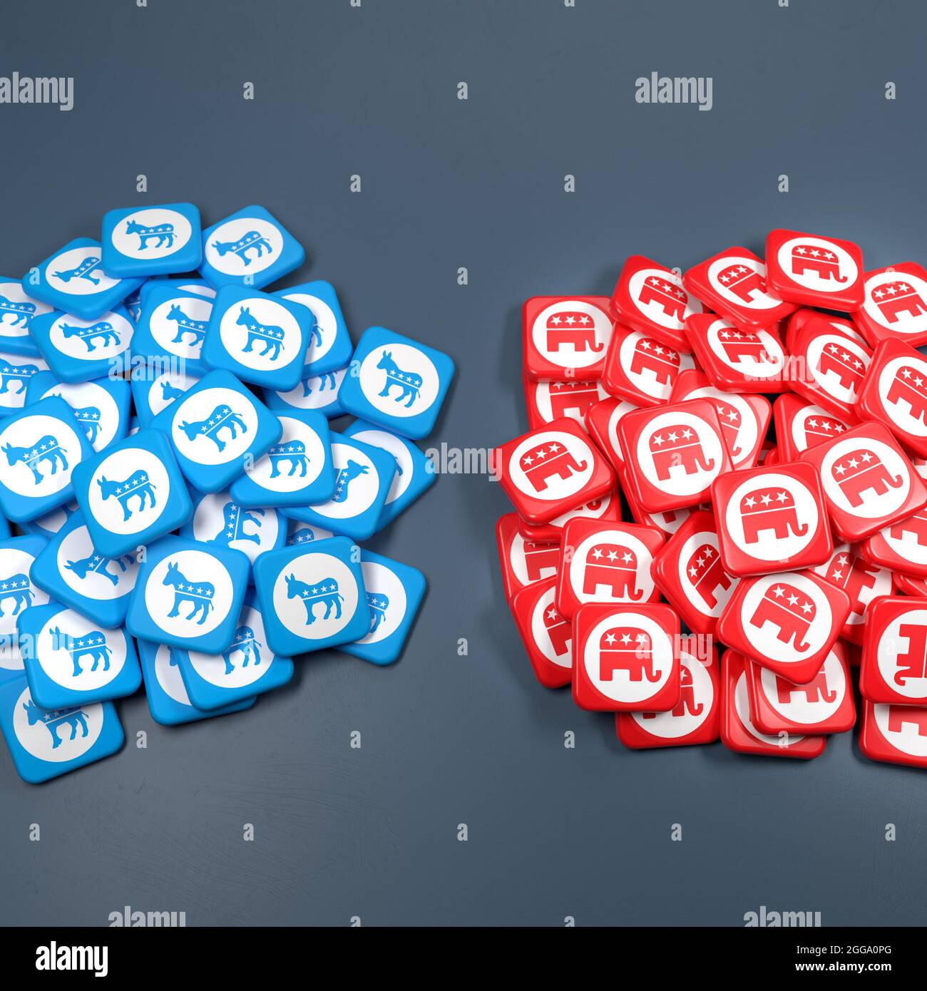 Logos of the United States Democratic Party and Republican Party on a heap on a table. Copy space. Web banner format. Stock Photo