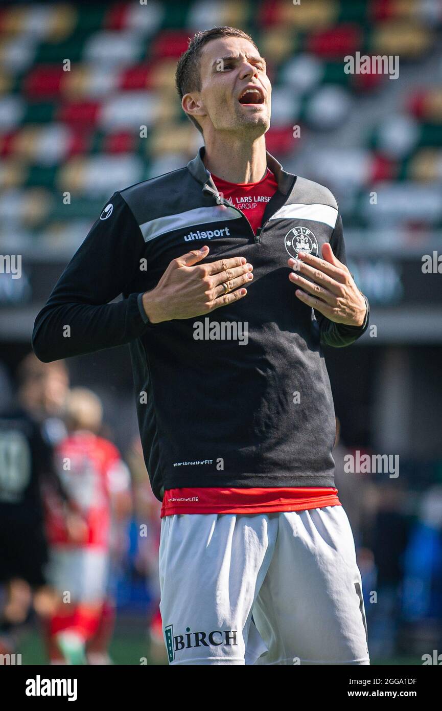 Silkeborg, Denmark. 29th Aug, 2021. Nicklas Helenius (11) of Silkeborg IF  thank the fans after the 3F Superliga match between Silkeborg IF and  Randers FC at Jysk Park in Silkeborg. (Photo Credit: