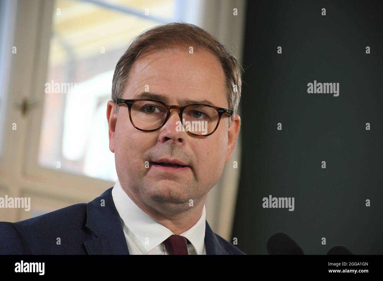 Copenhagen, Denmark., 30  August 2021, /Denmark's finance minister Nocolai Wemmen presents Denmark's national state budget 2022 today at ministry of f Stock Photo