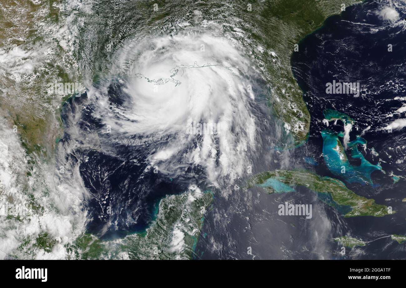 GULF OF MEXICO - 29 August 2021 - Hurricane Ida amkes landfall as viewed from space by NASA MODIS satellites on 28 August 2021. Hurricane Ida made lan Stock Photo