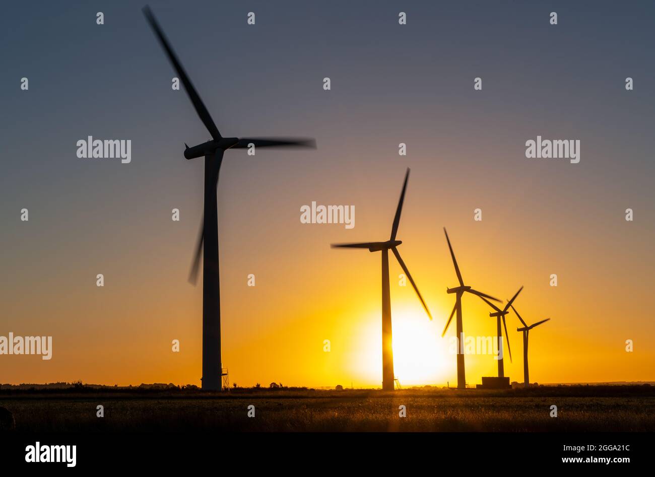 Wind turbine energy generaters on wind farm Stock Photo