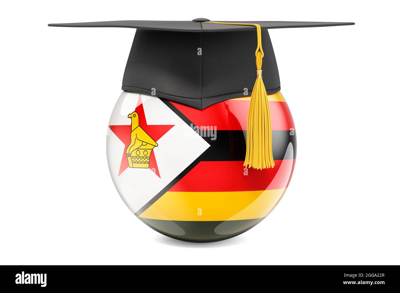 Education in Zimbabwe concept. Zimbabwean flag with graduation cap, 3D