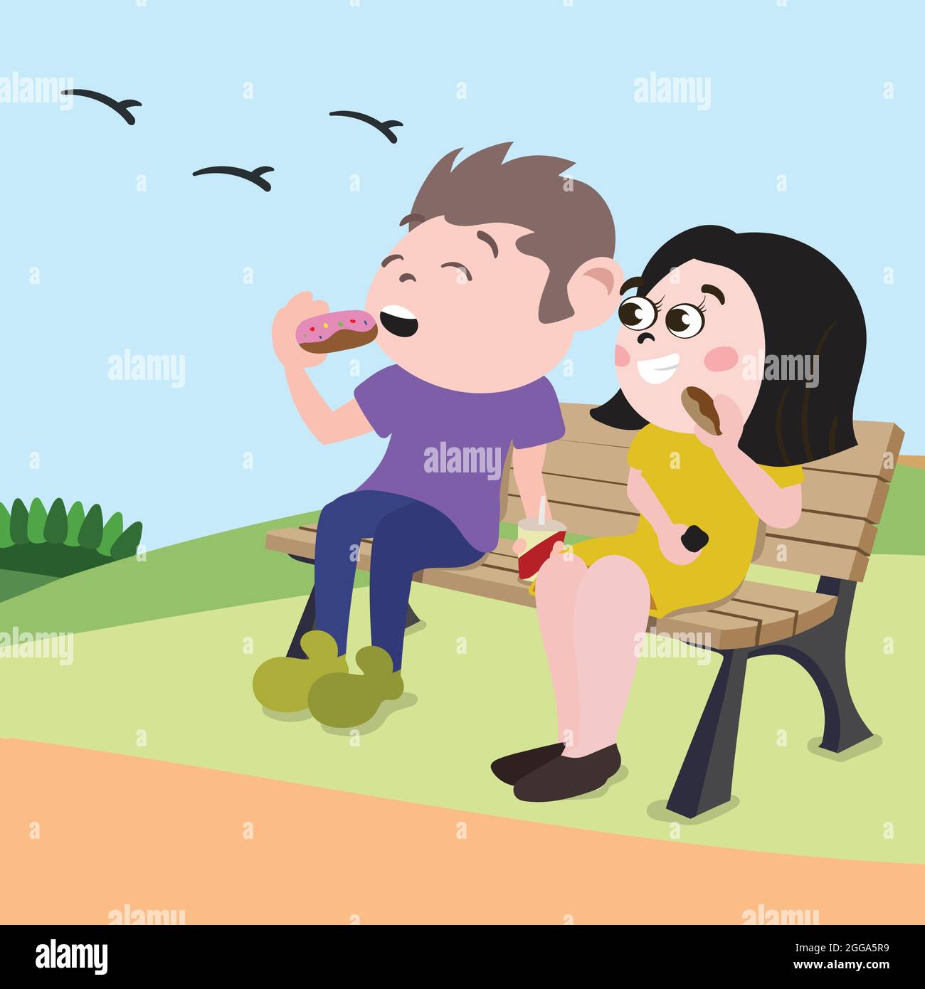 Couple sitting on a bench in park enjoying picnic lunch on a sunny day Stock Vector