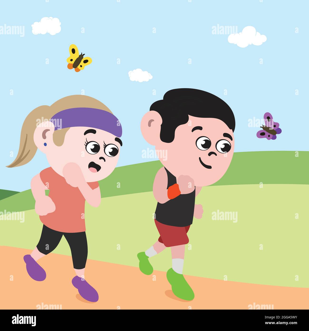 Couple Running in Park to stay healthy. Fitness Freak Jogging Girl and Boy. Public Park on Summer Day with Butterflies. Stock Vector
