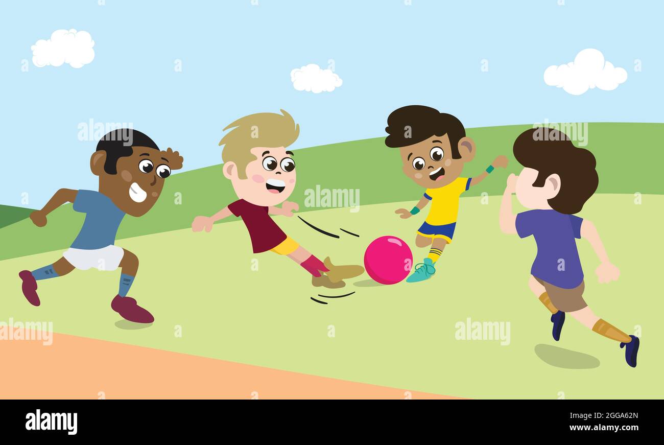 Mixed Race Kids playing football soccer outdoor in public park with friends. Post Covid Games and Social Life. Stock Vector