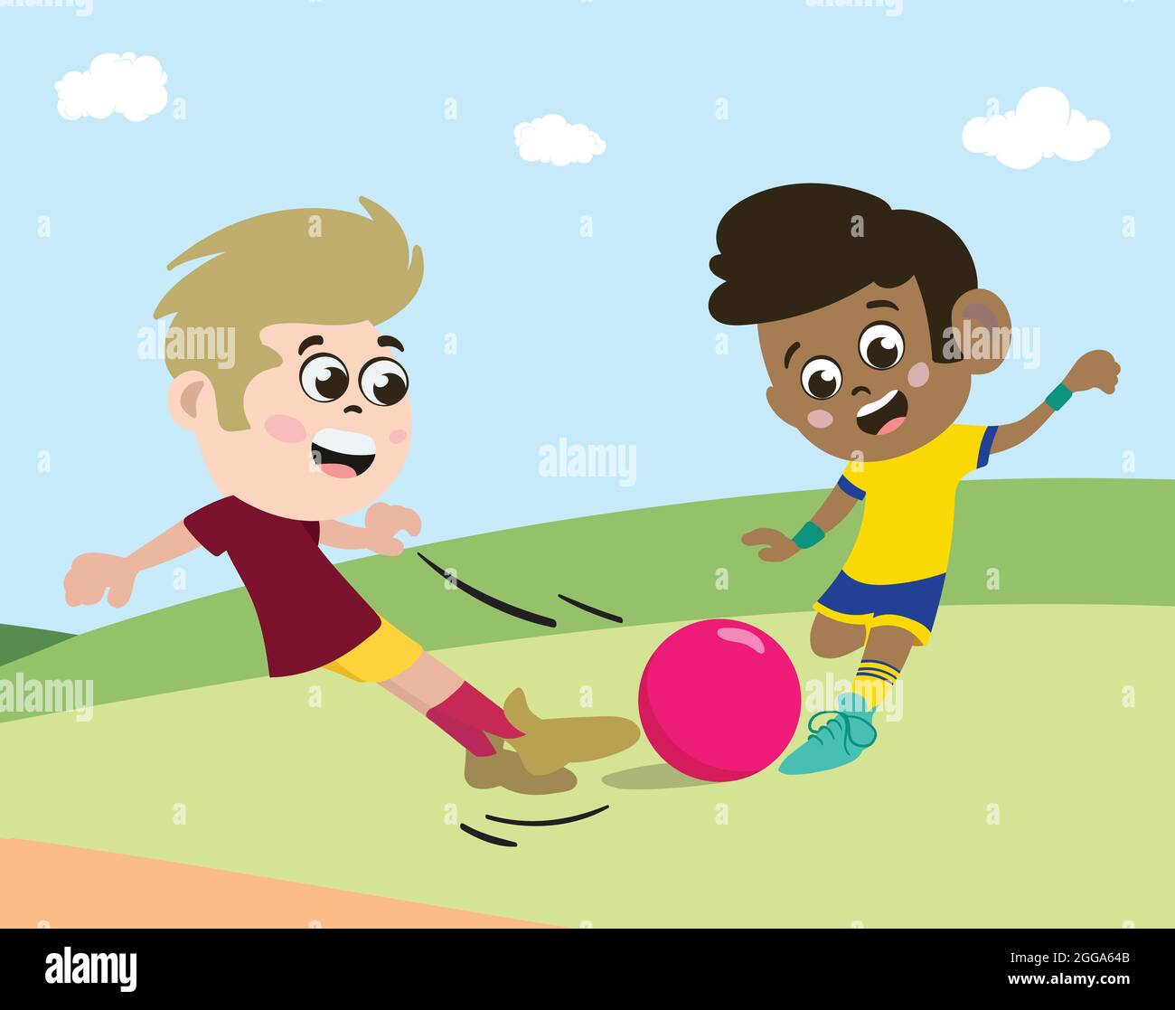 Mixed Race Kids playing football soccer outdoor in public park with friends. Post Covid Games and Social Life. Stock Vector