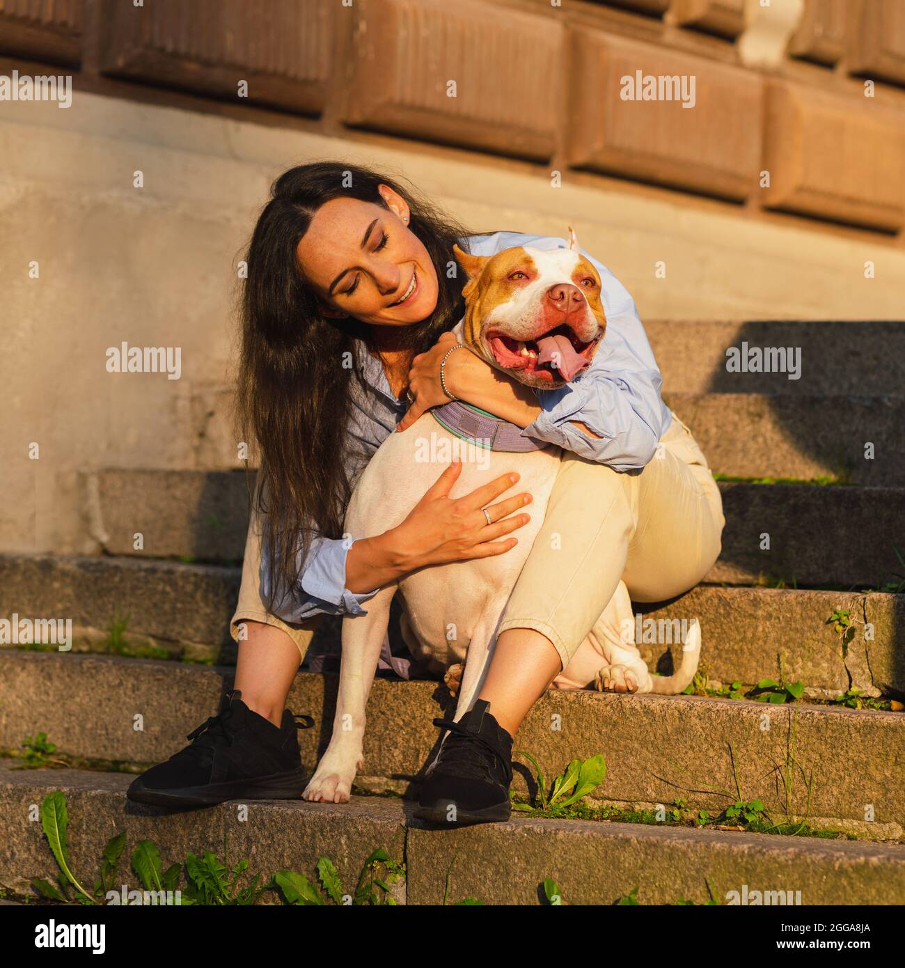 Woman sitting on stone staircase and cuddling with happy american pitbull terrier Stock Photo