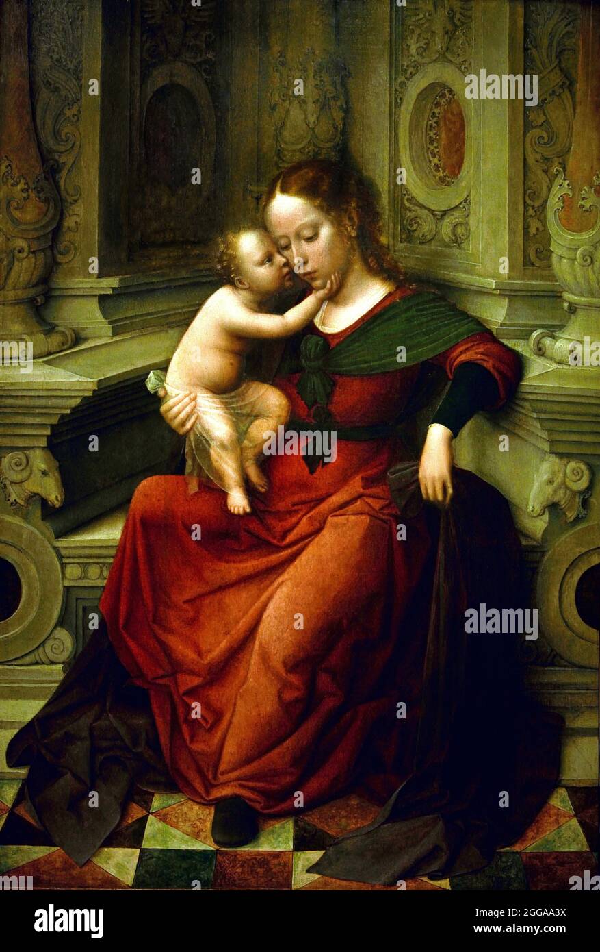 Mary with Child, Adriaen Isenbrant (attributed to) 1530 - 1540 Dutch, The Netherlands . modern (renaissance style. Pilasters and balusters, round niches, ram's heads, cornucopias and curly acanthus leaves new style, based on the architecture of classical antiquity.) Stock Photo