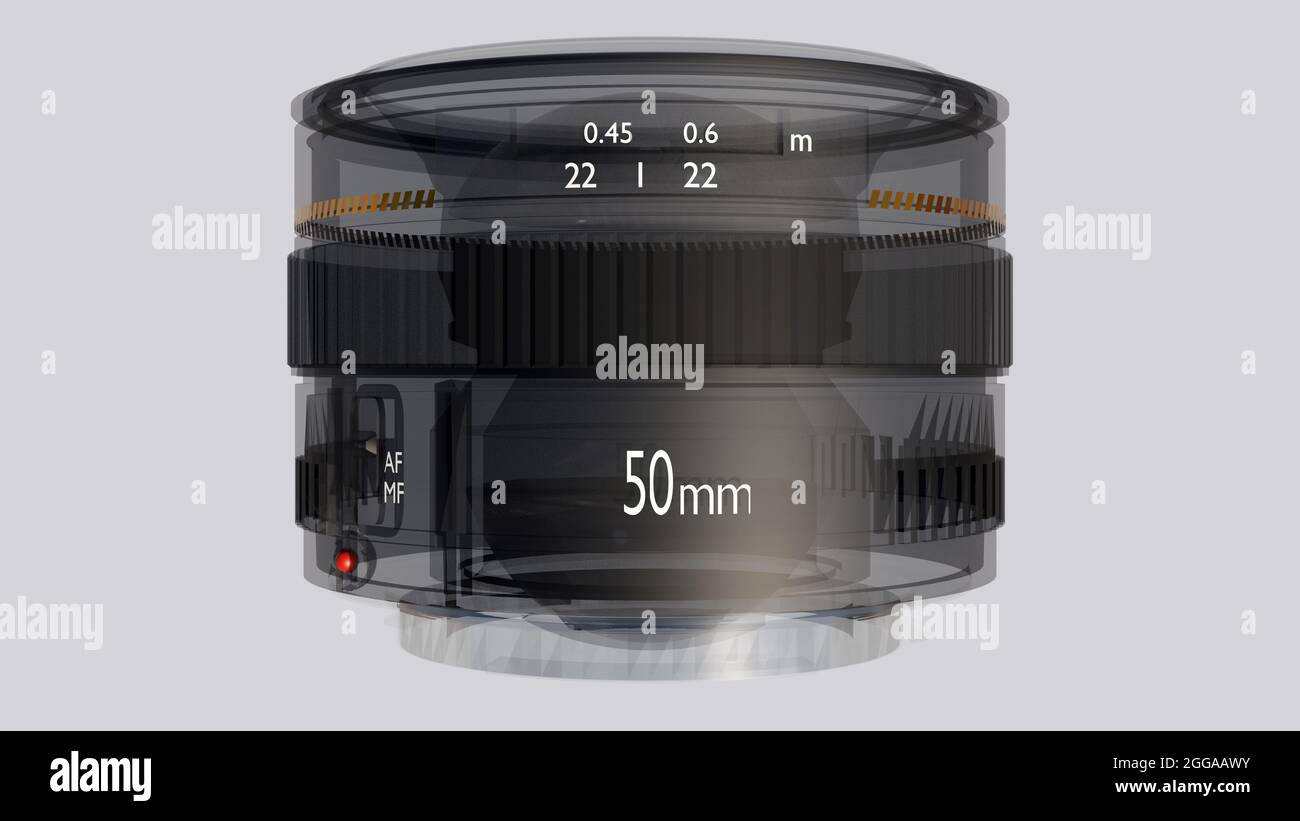 Transparent DSLR camera lens. 50mm F1.4. Crosssection and lens parts