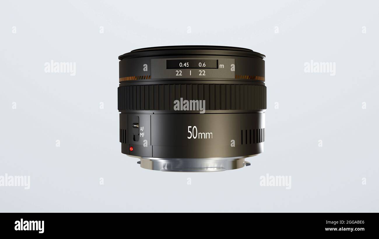 Transparent DSLR camera lens. 50mm F1.4. Crosssection and lens parts