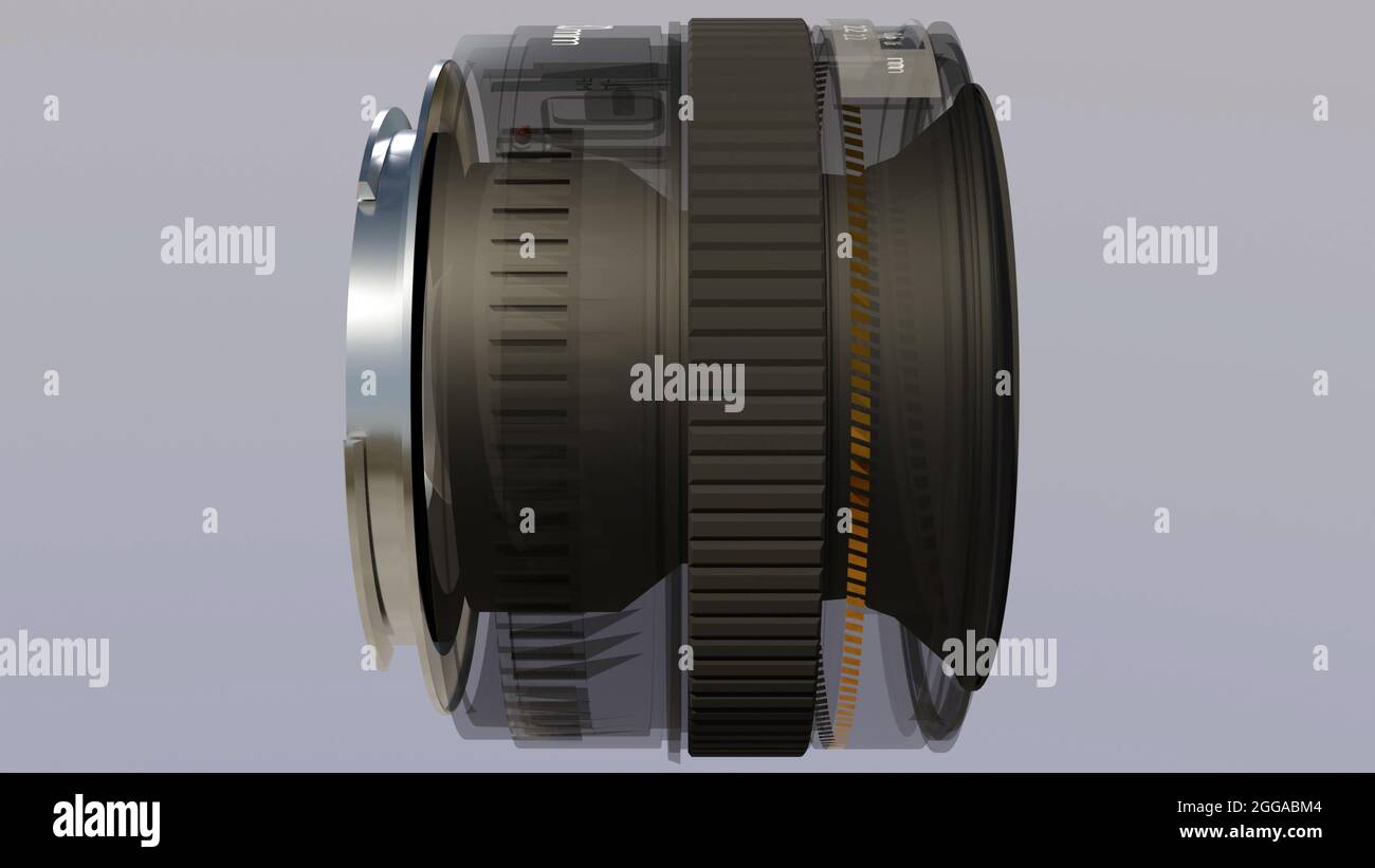 Transparent DSLR camera lens. 50mm F1.4. Crosssection and lens parts