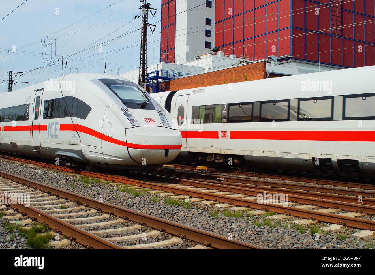 FRANKFURT, GERMANY - Aug 12, 2021: An ICE 4 is heading Frankfurt Central Station while an ICE 1 is leaving in the background. Meeting of the generatio Stock Photo