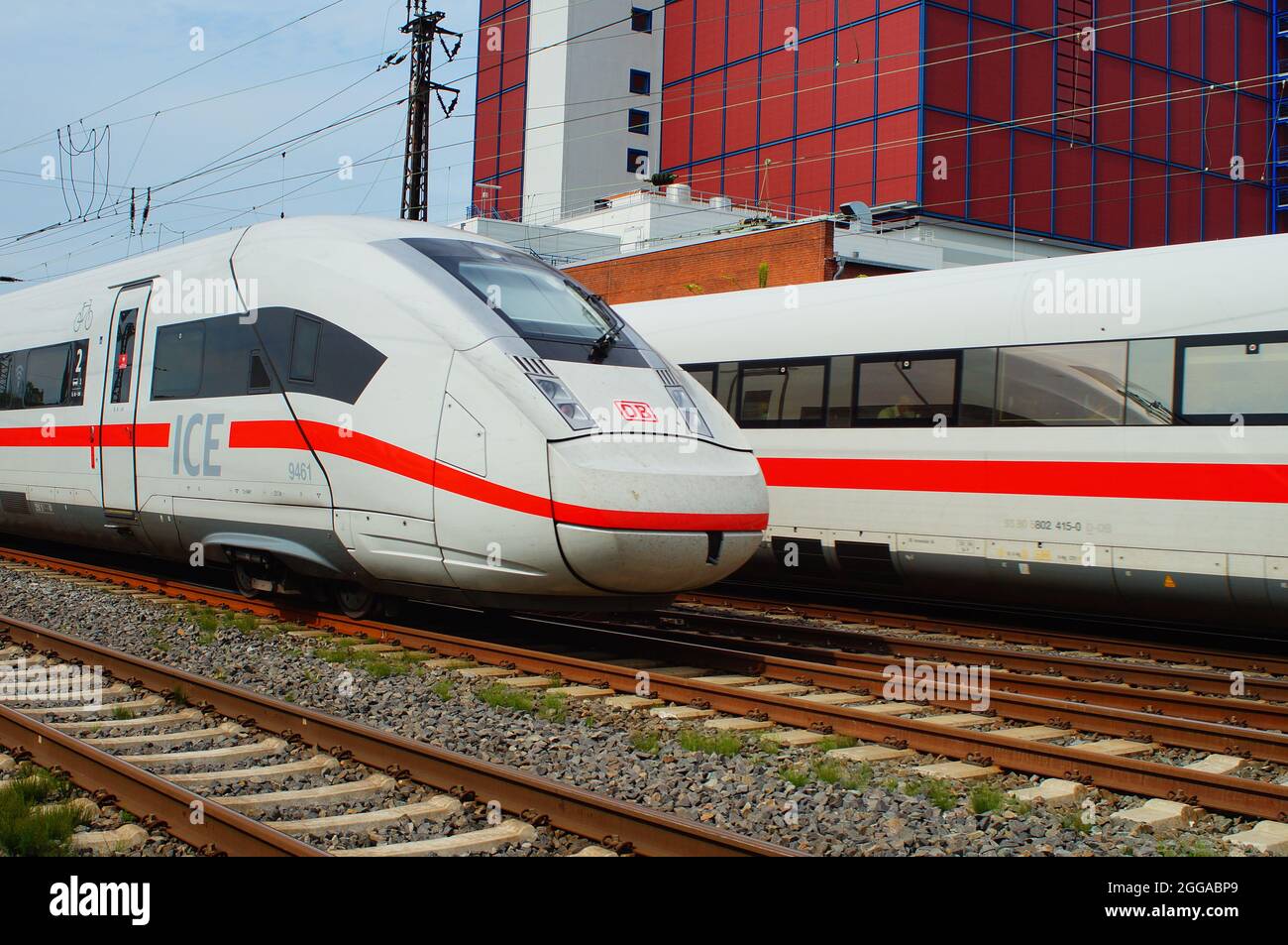 FRANKFURT, GERMANY - Aug 12, 2021: An ICE 4 is heading Frankfurt Central Station while an ICE 1 is leaving in the background. Meeting of the generatio Stock Photo